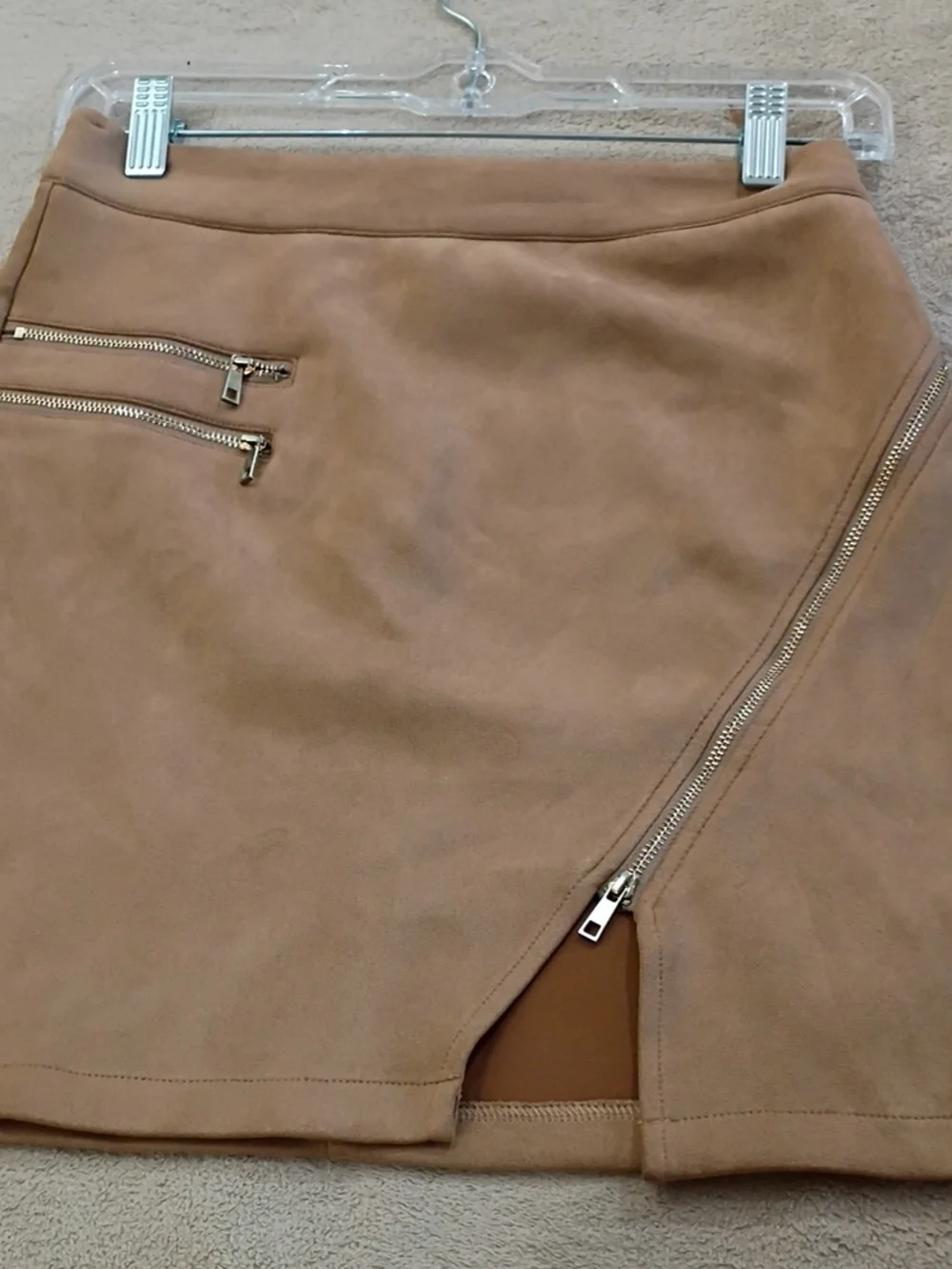 New No Tag.Suede Gold Zip-Accent Mini Skirt in Taupe - Picture 2 of 7